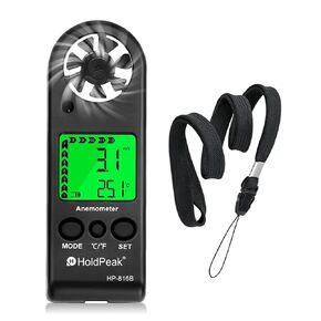 HOLDPEAK مقياس شدة الريح صغير محمول، مقياس سرعة الرياح الصغيرة، جهاز قياس سرعة تدفق الهواء، جهاز قياس درجة الحرارة للإبحار في الهواء الطلق، ركوب الأمواج بدون طيار، طيران الجولف، الرماية HVAC 816B