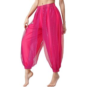 Women's Belly Dance Pants Side Split Sequin Shiny Harem Arabian Dancing Performance Trousers
