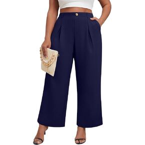 Neer Women's Plus Size Wide Leg Pants, Elastic High Waist Palazzo Pants Casual Business Trousers with Pockets