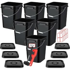 5 Gallon Bucket with Lid, Square Food Grade Plastic Pail with Metal Handles, Heavy Duty Industrial Storage Containers with Stickers, Rubber Mallet, Lid Opener (6 Pack, Black)