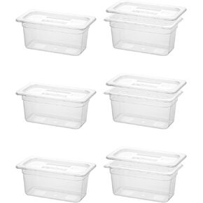 6 Pack Food Pans with Lids, 1/4 Size 4'' Deep Commercial food storage containers, Polycarbonate, Clear