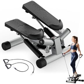 Mini Steppers for Exercise at Home, Twist Stair Stepper with Resistance Bands, Portable Under Desk Workout Machine, Adjustable Hydraulic, LED Monitor and Non-Slip Pedals for Full Body Cardio Fitness