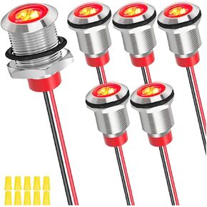 6Pcs 12mm DC 12-24V 1A Red LED Metal Indicator Light Waterproof Signal Lamp Pilot Dash Directional with 150mm Cable Length and Wiring Cap for Car Interior Trucks Boats Engine taillight