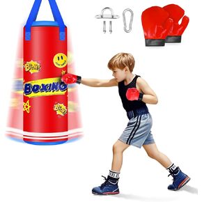 Heavy Punching Bag for Kids, 2FT PU Leather Kicking Bag with Boxing Gloves, Hanging Boxing Bag Karate Bag for Training Karate Muay Thai Kick Taekwondo(Unfilled)