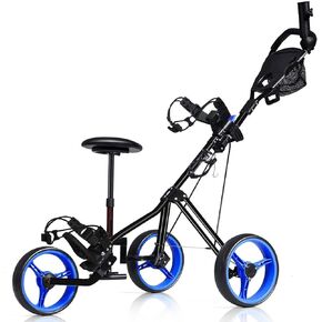 MEDIMALL Mayjooy 3 Wheel Golf Push Cart, Folding Golf Trolley w/Removable Stool, Adjustable Handle & Umbrella Holder, Lightweight Golf Push Cart w/Foot Brake, Cup Holder & Scoreboard Bag (Navy)
