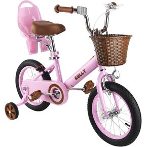 RULLY Retro Kids Bike with Training Wheels & Basket for 2-12 Years Old Girls & Boys, 12" 14" 16" Kids Bike with Doll Seat (Purple, Pink, Green, Beige)