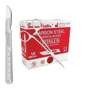 5 Items, Disposable Scalpel Blades, Carbon Stee, (Swann)-(Mortan)#10, #14 Pack of 100 - Individually Wrapped, Sterile, with (One Hemostat and Two Mob Cap) and (One Plastic Handle) (14)