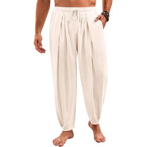 Runcati Mens Casual Harem Pants Drawstring Elastic Waist Cotton Cropped Trousers Yoga Beach Lightweight Pants