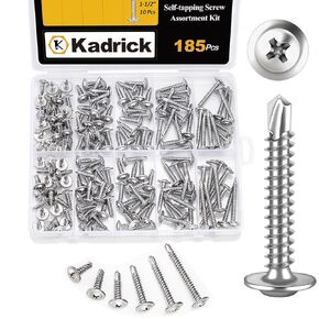 Kadrick 170Pcs Self Drilling Screws Assortment Kit, 410 Stainless Steel Self Tapping Sheet Metal TEK Screws, #8x1/2-1-1/2, Hex Washer Head