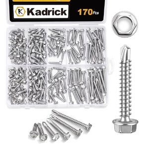 Kadrick 170Pcs Self Drilling Screws Assortment Kit, 410 Stainless Steel Self Tapping Sheet Metal TEK Screws, #8x1/2-1-1/2, Hex Washer Head in Kuwait