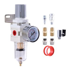 1/4 Inch NPT Air Filter Regulator Combo Piggyback, Air Compressor Water Separator, Air Line Dryer, Semi-Auto Drain, Air Pressure Regulator AW2000-02, 0-150 PSI Gauge