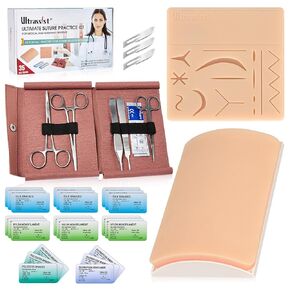 Complete Suture Practice Kit with Simulated Wounds Skin Pad, Self-Made Incision Buried Knot Training Pad, Instruments, Thread & Needles, for Nursing & Vet Students Camp Edu & Demo Only