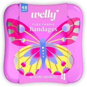 Welly Bandages | Adhesive Flexible Fabric Bravery Badges | Assorted Shapes for Minor Cuts, Scrapes, and Wounds | Colorful and Fun First Aid Tin | Butterfly Patterns - 48 Count
