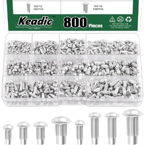 Keadic 800Pcs M2 M2.5 M3 M4 Aluminium Brazier Head Solid Rivet Assortment Set, 6mm 8mm 10mm Solid Aluminum Rivets for Repairing Boats Aircraft Automobile Machinery