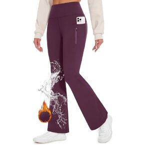 Desol Women's Fleece Lined Flare Leggings Waterproof Hiking Snow Pants Thermal High Waist Yoga Pants with Zipper Pockets