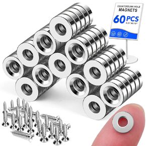 LOVIMAG 60 Pack Small Magnets, Rare Earth Magnets with Countersunk Hole Matching Screws, Cabinet Magnets for Cabinet Doors,Round Magnets for Refrigerator, Science, Office, Tool Room - 0.31x0.12inch