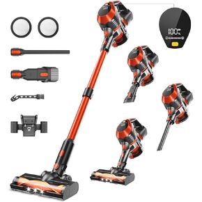Cordless Vacuum Cleaner - Stick Vacuum, LED Display Screen, 8 in 1 Vacuum Cordless Rechargeable with Removable Battery, Up to 45Mins, Wireless Stick Vacuum for Home, Hard Floor, Carpet