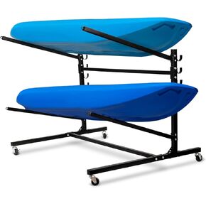 Kayak Storage Rack Freestanding, Kayak Stand for 2 Kayaks with Wheels and Hooks, Adjustable Heavy Duty Kayak Storage for SUP Canoe Paddleboard