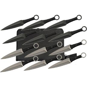 Szco Supplies 12 Piece 6" Black and Silver Throwing Kunai Set with Nylon Wrapped Handle and Case (211540)