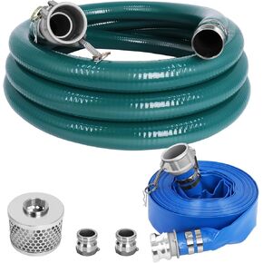 2 Inch Suction Hose kit for Trash Pump, Includes 2" x 65' Blue PVC Backwash Discharge Hose & 2" x 20' Green PVC Suction Hose & Aluminum Round Hole Suction Strainer & Cam and Groove Adapter