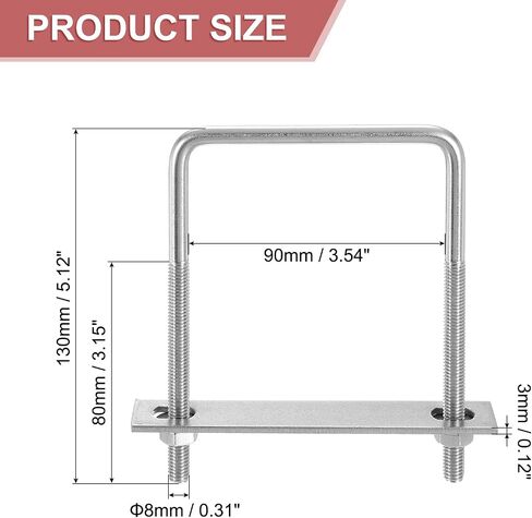uxcell 4Sets 304 Stainless Steel Square U-Bolts, 3.54" (90mm) Inner Width 5.12" (130mm) Length M8 with Nuts, Frame Plate, Gasket for Automobiles Trailer, Ski Boat, Fishing Boat, Pipelines in Saudi Arabia