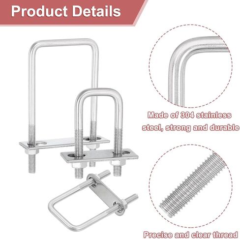 uxcell 4Sets 304 Stainless Steel Square U-Bolts, 3.54" (90mm) Inner Width 5.12" (130mm) Length M8 with Nuts, Frame Plate, Gasket for Automobiles Trailer, Ski Boat, Fishing Boat, Pipelines in Saudi Arabia