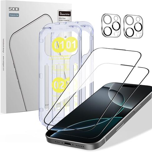 SODI Screen Protector + Camera Lens Protector for iPhone 16 pro [6.3''], Auto-Alignment OneTouch Tempered Glass, 30 seconds Installation, Bubble Free, Case Friendly, Anti-Scratch [2+2 Pack] in Saudi Arabia
