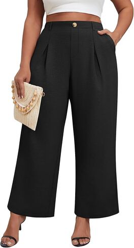 Neer Women's Plus Size Wide Leg Pants, Elastic High Waist Palazzo Pants Casual Business Trousers with Pockets in Saudi Arabia