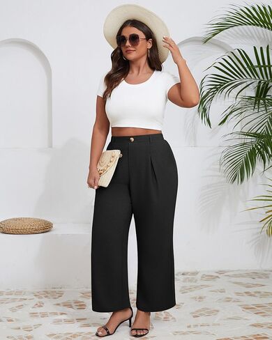 Neer Women's Plus Size Wide Leg Pants, Elastic High Waist Palazzo Pants Casual Business Trousers with Pockets in Saudi Arabia