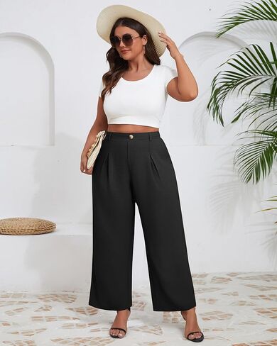 Neer Women's Plus Size Wide Leg Pants, Elastic High Waist Palazzo Pants Casual Business Trousers with Pockets in Saudi Arabia