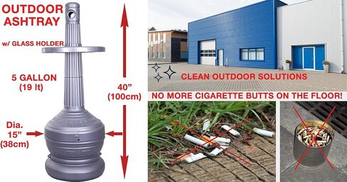 Industrial Outdoor Ashtray, 5 Gallon Self-Extinguishing Butt Receptacle, Standing Ash Disposal Can, Butt Container with Glass Holder, 15" Diameter x 40" Height, Gray in Saudi Arabia
