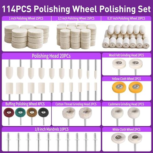 114 PCS Polishing Kit with 2Pcs Polishing Compound for Dremel, Abrasive Buffing Wheels Polishing Bits for Rotary Tool Accessories with 1/8 Inch Shank, Sanding Kit for Metal Wood Watch Jewelry Brass in Kuwait