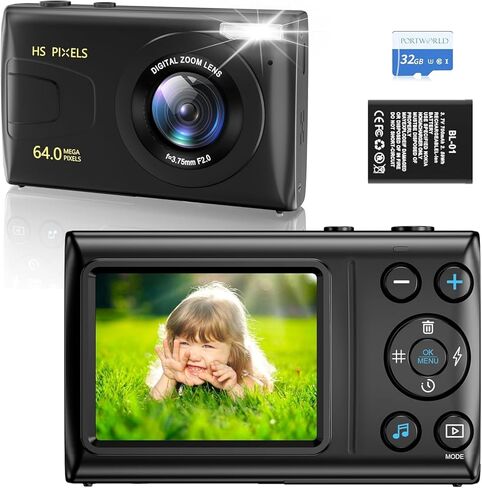 كاميرا رقمية صغيرة الحجم للأطفال: كاميرا فيديو بدقة 64 ميجابكسل بدقة 4K مع بطاقة MicroSD سعة 32 جيجابايت وتكبير رقمي 18X ونقطة تركيز تلقائي وكاميرا تصوير للفتيات والأولاد هدية عيد الميلاد - وردي in Kuwait