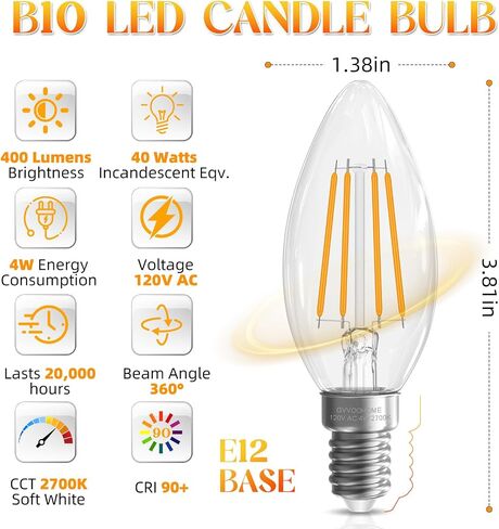 E12 Candelabra Bulb 40 watt, E12 LED Bulb Non-Dimmable Chandelier Light Bulbs, B10 Candle Light Bulbs 2700K Soft White, 90+CRI, 400LM, Cear Glass, 12 Pack in Kuwait