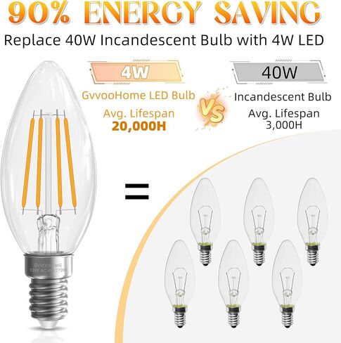 E12 Candelabra Bulb 40 watt, E12 LED Bulb Non-Dimmable Chandelier Light Bulbs, B10 Candle Light Bulbs 2700K Soft White, 90+CRI, 400LM, Cear Glass, 12 Pack in Kuwait