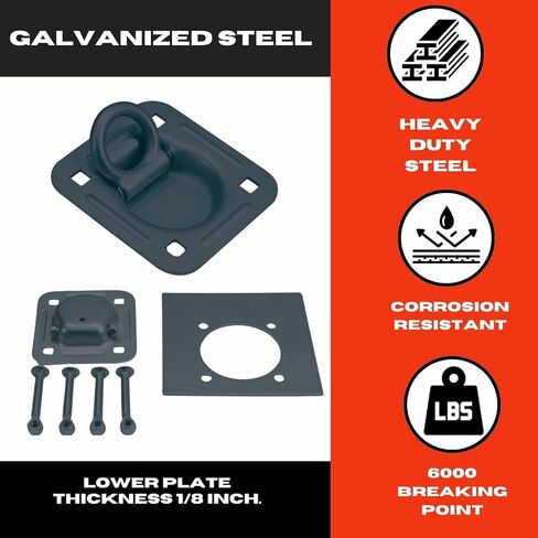 Pit Posse 11005BK-4 Cargo Trailer Recessed Pan D Ring Floor Rope Anchor Tie Down 6,000 lbs Breaking Strength - Flush Mount - Includes Washers and Mounting Hardware - Truck Bed SUV Van (4 Pack/Black) in Kuwait