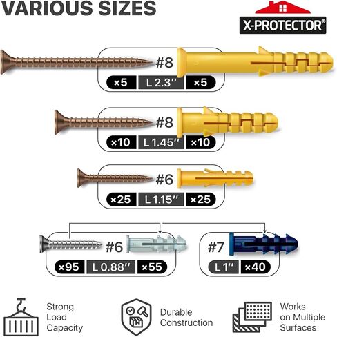 X-Protector Drywall Anchors 270 PCS Set - #6, #7, #8-135 Wall Anchors + 135 Flat Head Screws - Premium Dry Wall Anchors and Screws Kit - Wall Anchors for Drywall, Concrete, Brick & Other Surfaces! in Saudi Arabia