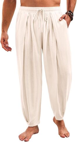 Runcati Mens Casual Harem Pants Drawstring Elastic Waist Cotton Cropped Trousers Yoga Beach Lightweight Pants in Kuwait