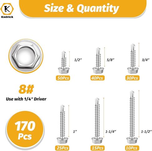 مجموعة متنوعة من براغي الحفر الذاتي 170 قطعة من Kadrick، 410 براغي معدنية ذاتية التنصت من الفولاذ المقاوم للصدأ TEK، #8x1/2-1-1/2، رأس غسالة سداسية in Kuwait