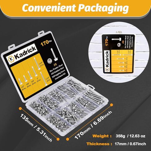 مجموعة متنوعة من براغي الحفر الذاتي 170 قطعة من Kadrick، 410 براغي معدنية ذاتية التنصت من الفولاذ المقاوم للصدأ TEK، #8x1/2-1-1/2، رأس غسالة سداسية in Kuwait