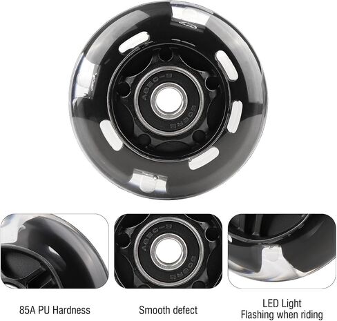 4-Pack PU Inline Skate Wheels Flashing Wheels Replacement w/Bushings for Kids Youth Children's Roller Skates (Black, 72mm) in Kuwait
