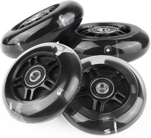 4-Pack PU Inline Skate Wheels Flashing Wheels Replacement w/Bushings for Kids Youth Children's Roller Skates (Black, 72mm) in Kuwait