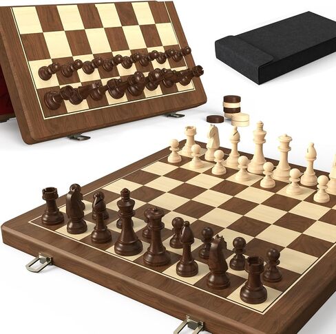 Premium Natural Walnut 15" Magnetic Wooden Folding Chess & Checkers Set- 2 in 1 Board Game with 3" King Staunton Pieces and 2 Extra Queens, Checkers, and Dust-Proof Storage Bag (Black) in Saudi Arabia