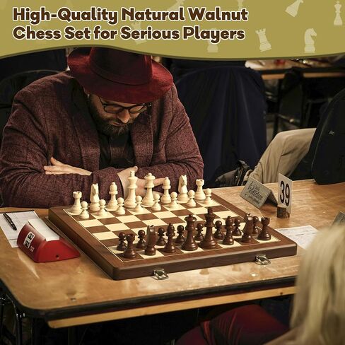 Premium Natural Walnut 15" Magnetic Wooden Folding Chess & Checkers Set- 2 in 1 Board Game with 3" King Staunton Pieces and 2 Extra Queens, Checkers, and Dust-Proof Storage Bag (Black) in Saudi Arabia