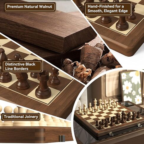 Premium Natural Walnut 15" Magnetic Wooden Folding Chess & Checkers Set- 2 in 1 Board Game with 3" King Staunton Pieces and 2 Extra Queens, Checkers, and Dust-Proof Storage Bag (Black) in Saudi Arabia