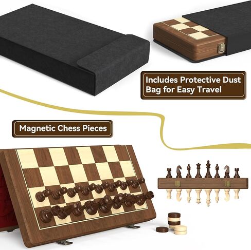 Premium Natural Walnut 15" Magnetic Wooden Folding Chess & Checkers Set- 2 in 1 Board Game with 3" King Staunton Pieces and 2 Extra Queens, Checkers, and Dust-Proof Storage Bag (Black) in Saudi Arabia