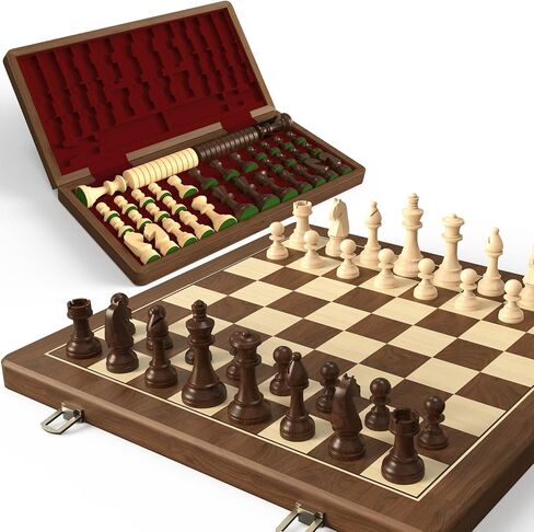 Premium Natural Walnut 15" Magnetic Wooden Folding Chess & Checkers Set- 2 in 1 Board Game with 3" King Staunton Pieces and 2 Extra Queens, Checkers, and Dust-Proof Storage Bag (Black) in Saudi Arabia