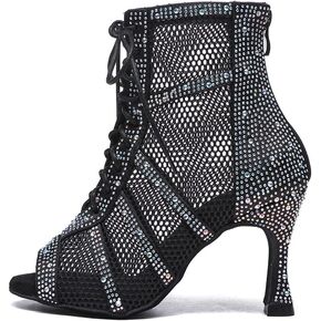 AOQUNFS Women Latin Dance Shoes Lace-up Rhinestones Ballroom Salsa Boots Dance Heels