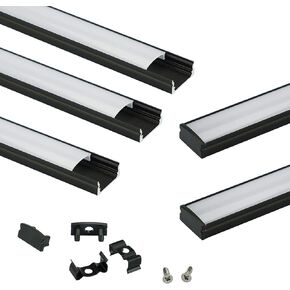 Muzata 5Pack 3.3FT/1M LED Channel with Anti-UV Sun Protection Milky White Cover Black Aluminum U Shape LED Diffuser Channel LED Strip Light Diffuser Easy Installation U1SW BW 1M