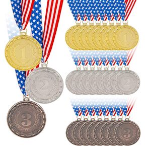 Jim & Jamie Gold Medal XL Size 2.75 inch Award Set for School, College Sports, Gold, Silver, Bronze, USA Flag Patriot Ribbon Options of 12 Pieces or 24 Pieces Set, Largest Medal Set in The Market